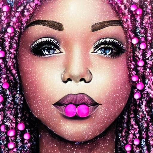 portrait of a beautiful black girl, pink crystals, Christmas and winter elements, pink, silver, white holiday theme, hyper realistic, symmetrical face, symmetrical eyes, trending on artstation