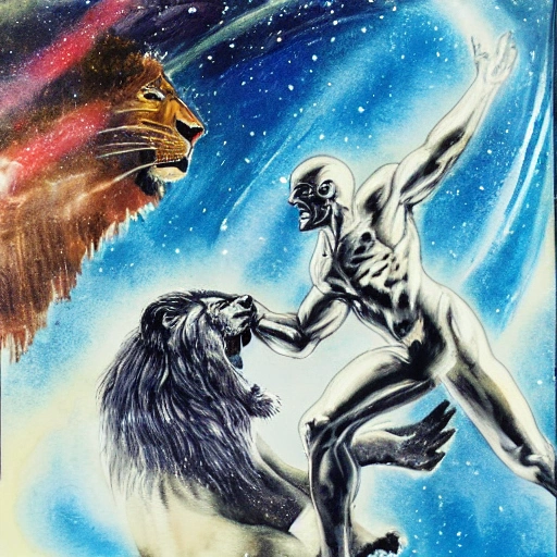 A dramatic painting of a silver surfer fighting a lion in space, Water Color