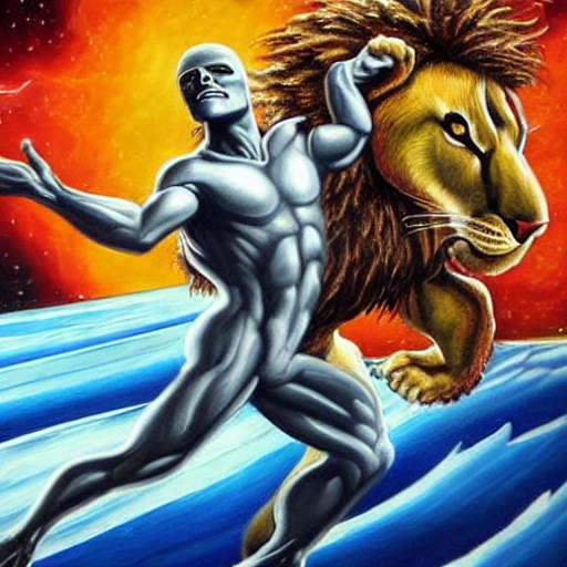 A dramatic painting of a silver surfer fighting a lion in space, , Trippy