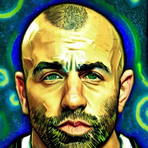 Digital art, high quality, portrait, Cyborg Joe Rogan by Van Gogh