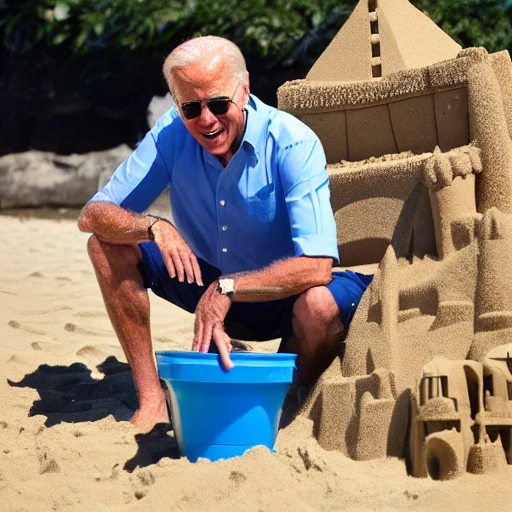 Joe Biden building a sand castle on the beach