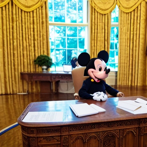 Mickey Mouse sitting at the oval desk of the White House