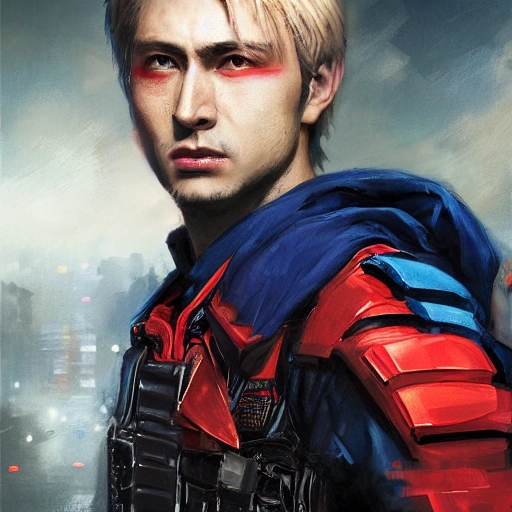 Ruan Jia, night, high detail face, blond handsome man, Avenger, wearing dark blue and red stripes costume, special forces, 4K, light and shadow, background future city ,imagescale 841mm,image vertical594mm