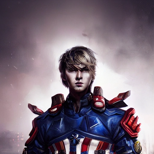 Ruan Jia, night, high detail face, blond handsome man, Avenger, wearing dark blue and red stripes costume, special forces, 4K, light and shadow, background future city ,horizontal image