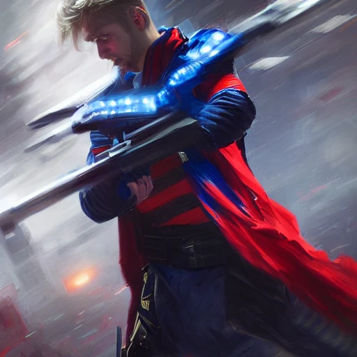 Ruan Jia, night, high detail face, blond handsome man, Avenger, wearing dark blue and red stripes costume, special forces, 4K, light and shadow, background future city ,horizontal image