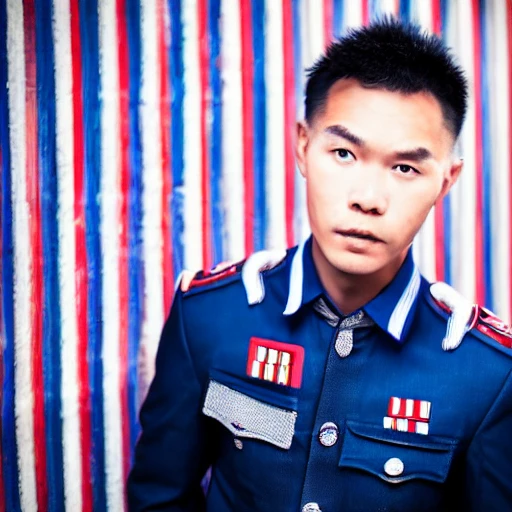 Nguyen Chia, night, high detail face, handsome blond hair and blue eyes guy, wearing dark blue and red striped clothing, Special Forces, 4K, light and shadow, background future city, horizontal image, film