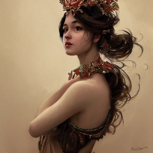 Beautiful princess , 1 girl, full-head, mid-shot, intricate detailed sharp headdress, correct face, elegant, centered head, sharp face, detailed face, highly detailed, digital painting, artstation, concept art, smooth, illustration, art by Krenz Cushart and Artem Demura and alphonse mucha, ArtGerm