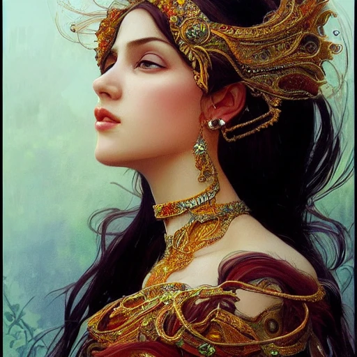 Beautiful princess , 1 girl, full-head, mid-shot, intricate detailed very sharp headdress, correct face, elegant, centered head, sharp face, detailed face, highly detailed, digital painting, artstation, concept art, smooth, illustration, art by Krenz Cushart and Artem Demura and alphonse mucha, ArtGerm