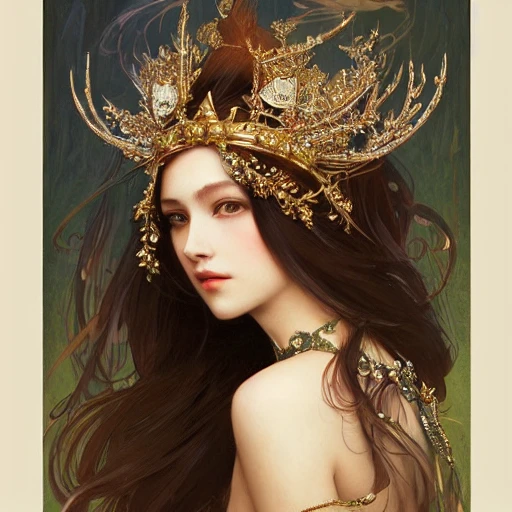 full-head Beautiful princess , mid-shot, intricate detailed sharp headdress, correct face, elegant, centered head, sharp face, detailed face, highly detailed, digital painting, artstation, concept art, smooth, illustration, art by Krenz Cushart and Artem Demura and alphonse mucha, ArtGerm