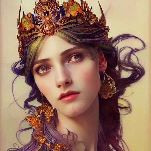 full-head Beautiful fantasy princess , mid-shot, intricate detailed sharp headdress, correct face, elegant, centered head, sharp face, detailed face, highly detailed, digital painting, colorful, artstation, concept art, smooth, illustration, art by Krenz Cushart and Artem Demura and alphonse mucha, ArtGerm