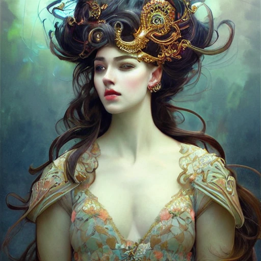 full-head Beautiful fantasy princess , mid-shot, intricate detailed sharp headdress, correct face, elegant, centered head, sharp face, detailed face, highly detailed, digital painting, colorful, artstation, concept art, smooth, illustration, art by Krenz Cushart and Artem Demura and alphonse mucha, ArtGerm