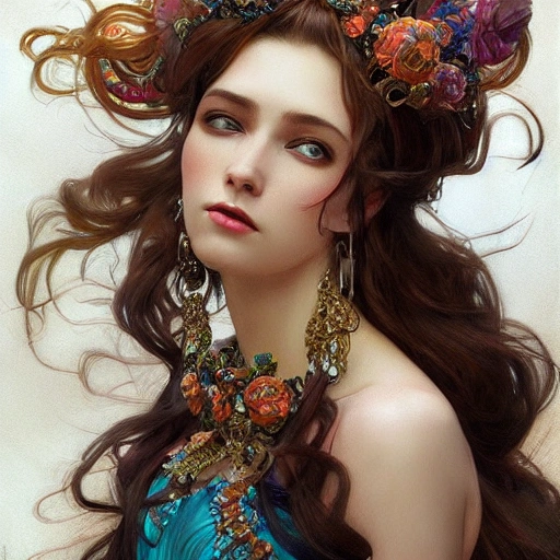 full-head Beautiful fantasy princess , mid-shot, intricate detailed sharp headdress, correct face, elegant, centered head, sharp face, detailed face, highly detailed, digital painting, colorful, artstation, concept art, smooth, illustration, art by Krenz Cushart and Artem Demura and alphonse mucha, ArtGerm