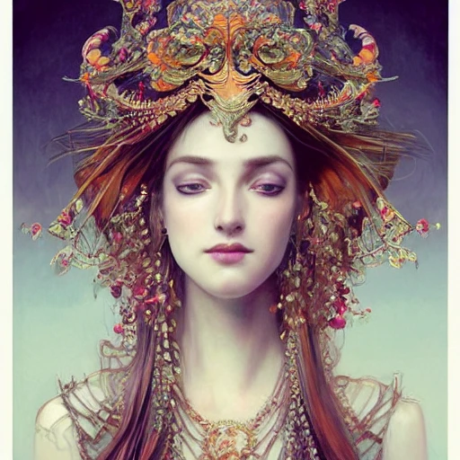 full-head Beautiful fantasy princess , mid-shot, intricate detailed sharp freeform headdress, correct face, elegant, centered head, sharp face, detailed face, detailed eyes, highly detailed, digital painting, colorful, artstation, concept art, smooth, illustration, art by Krenz Cushart and Artem Demura and alphonse mucha, ArtGerm