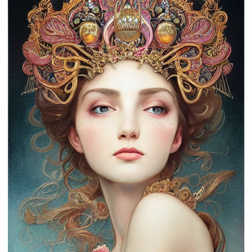 full-head Beautiful fantasy princess , mid-shot, intricate detailed sharp freeform headdress, correct face, elegant, centered head, sharp face, detailed face, detailed eyes, highly detailed, digital painting, colorful, artstation, concept art, smooth, illustration, art by Krenz Cushart and Artem Demura and alphonse mucha, ArtGerm