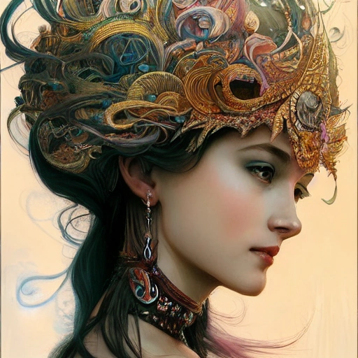 full-head Beautiful fantasy princess , mid-shot, intricate detailed sharp freeform headdress, correct face, elegant, centered head, sharp face, detailed face, highly detailed, digital painting, colorful, artstation, concept art, smooth, illustration, art by Krenz Cushart and Artem Demura and alphonse mucha, ArtGerm