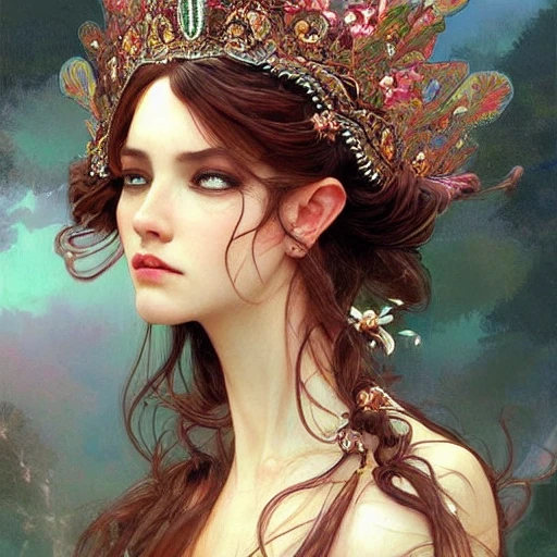 full-head Beautiful fantasy princess , mid-shot, intricate detailed sharp freeform headdress, correct face, elegant, centered head, sharp face, detailed face, detailed eyes, highly detailed, digital painting, colorful, artstation, concept art, smooth, illustration, art by Krenz Cushart and Artem Demura and alphonse mucha, ArtGerm