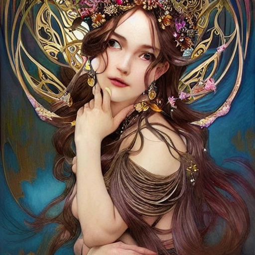 full-head Beautiful fantasy princess , mid-shot, intricate detailed sharp freeform headdress, correct face, elegant, centered head, sharp face, detailed face, highly detailed, digital painting, colorful, beautiful colors, artstation, concept art, smooth, illustration, art by Krenz Cushart and Artem Demura and alphonse mucha, ArtGerm