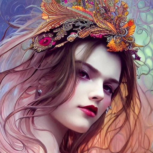 full-head Beautiful fantasy princess , mid-shot, intricate detailed sharp freeform headdress, correct face, elegant, centered head, sharp face, detailed face, highly detailed, digital painting, colorful, beautiful colors, artstation, concept art, smooth, illustration, art by Krenz Cushart and Artem Demura and alphonse mucha, ArtGerm