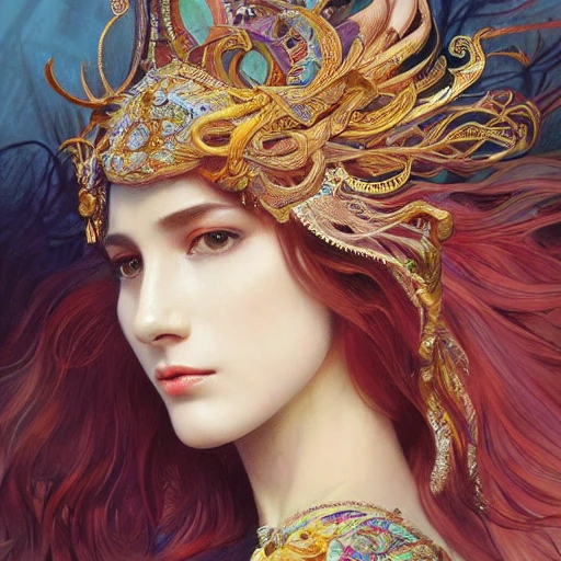 full-head Beautiful fantasy princess , mid-shot, intricate detailed sharp freeform headdress, correct face, elegant, centered head, sharp face, detailed face, highly detailed, digital painting, colorful, beautiful colors, artstation, concept art, smooth, illustration, art by Krenz Cushart and Artem Demura and alphonse mucha, ArtGerm