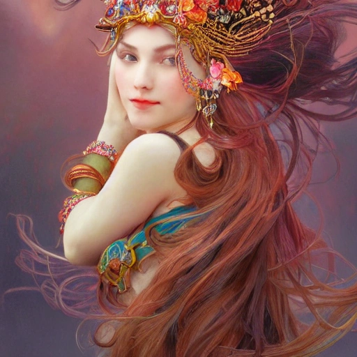 full-head Beautiful fantasy princess , mid-shot, intricate detailed sharp freeform headdress, correct face, elegant, centered head, sharp face, detailed face, highly detailed, digital painting, colorful, beautiful colors, artstation, concept art, smooth, illustration, art by Krenz Cushart and Artem Demura and alphonse mucha, ArtGerm