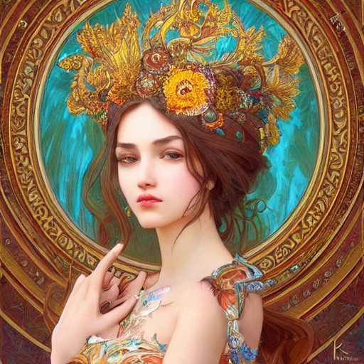 full-head Beautiful fantasy princess , mid-shot, intricate detailed sharp freeform headdress, correct face, elegant, centered head, sharp face, detailed face, highly detailed, digital painting, colorful, beautiful colors, artstation, concept art, smooth, illustration, art by Krenz Cushart and alphonse mucha, ArtGerm