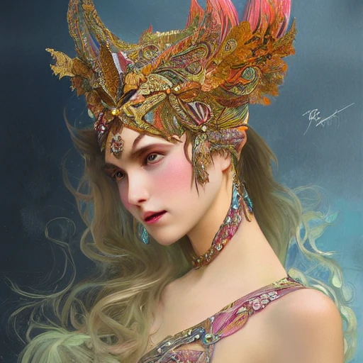 full-head Beautiful fantasy princess , mid-shot, intricate detailed sharp freeform headdress, correct face, elegant, centered head, sharp face, detailed face, highly detailed, digital painting, colorful, beautiful colors, artstation, concept art, smooth, illustration, art by Krenz Cushart and alphonse mucha, ArtGerm