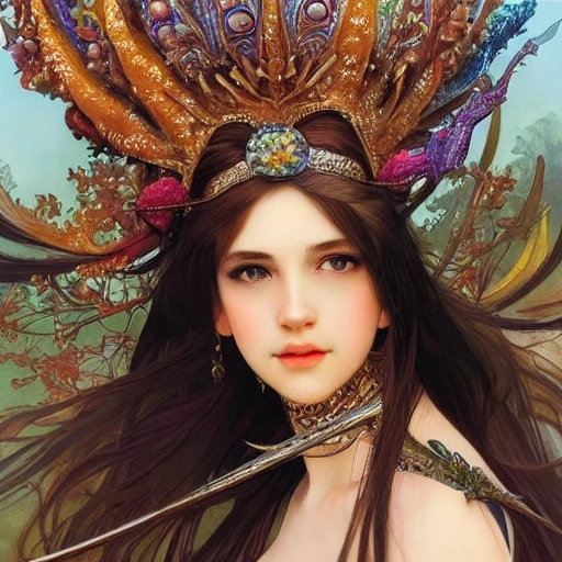 full-head Beautiful fantasy princess , mid-shot, intricate detailed sharp freeform headdress, correct face, elegant, centered head, sharp face, detailed face, highly detailed, digital painting, colorful, beautiful colors, artstation, concept art, smooth, illustration, art by Krenz Cushart and alphonse mucha, ArtGerm