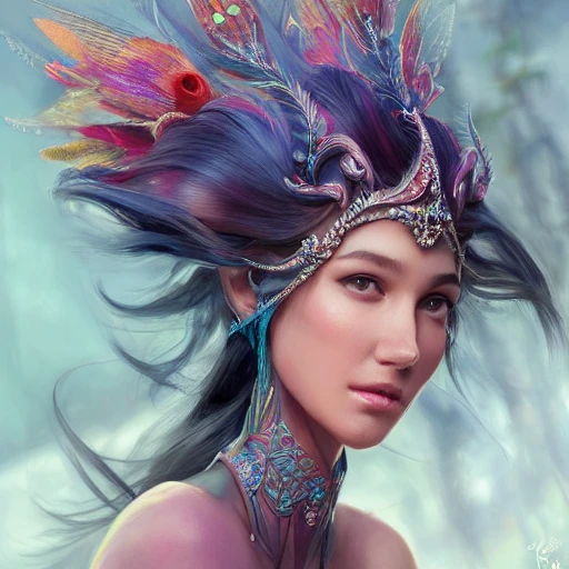 full-head Beautiful fantasy princess , mid-shot, intricate detailed sharp freeform headdress, correct face, elegant, centered head, sharp face, detailed face, highly detailed, digital painting, colorful, beautiful colors, artstation, concept art, smooth, illustration, art by Krenz Cushart and, ArtGerm