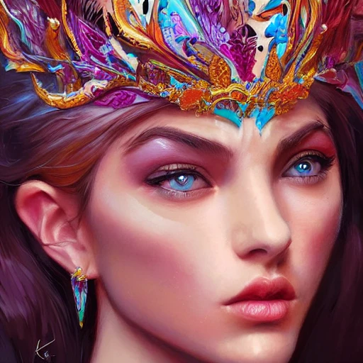 full-head Beautiful fantasy princess , mid-shot, intricate detailed sharp freeform headdress, correct face, elegant, centered head, sharp face, detailed face, highly detailed, digital painting, colorful, beautiful colors, artstation, concept art, smooth, illustration, art by Krenz Cushart , ArtGerm