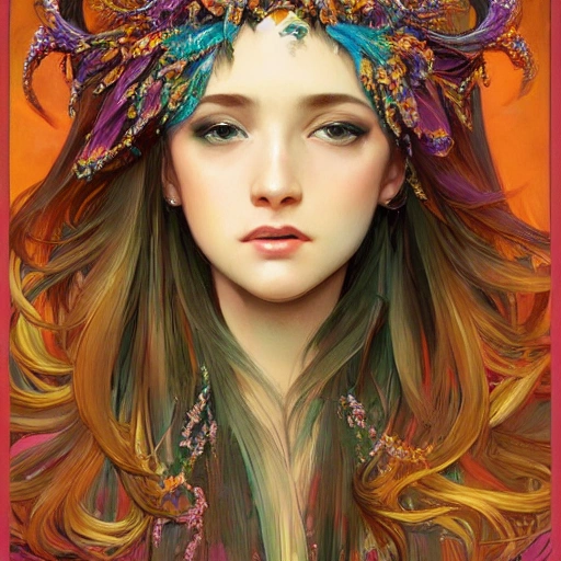 full-head Beautiful fantasy princess , mid-shot, intricate detailed sharp freeform headdress, correct face, elegant, centered head, sharp face, detailed face, highly detailed, digital painting, colorful, beautiful colors, artstation, concept art, smooth, illustration, art by Krenz Cushart and alphonse mucha, ArtGerm