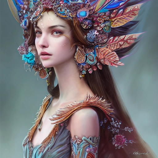 full-head Beautiful fantasy princess , mid-shot, intricate detailed sharp freeform headdress, correct face, elegant, centered head, sharp face, detailed face, highly detailed, digital painting, colorful, beautiful colors, artstation, concept art, smooth, illustration, art by Krenz Cushart , ArtGerm