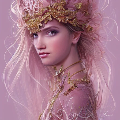 light pink and gold, full-head Beautiful fantasy princess , mid-shot, intricate detailed sharp freeform headdress, correct face, elegant, centered head, sharp face, detailed face, highly detailed, digital painting, colorful, beautiful colors, artstation, concept art, smooth, illustration, art by Krenz Cushart , ArtGerm