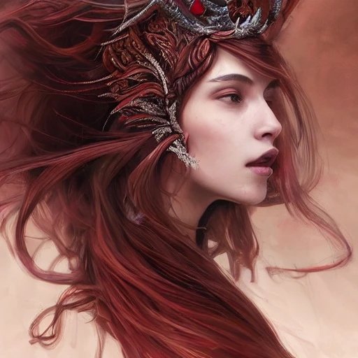 red and silver and brown, full-head Beautiful fantasy princess , mid-shot, intricate detailed sharp freeform headdress, correct face, elegant, centered head, sharp face, detailed face, highly detailed, digital painting, colorful, beautiful colors, artstation, concept art, smooth, illustration, art by Krenz Cushart , ArtGerm