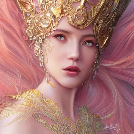 light pink and gold and white, full-head Beautiful fantasy princess , mid-shot, intricate detailed sharp freeform headdress, correct face, elegant, centered head, sharp face, detailed face, highly detailed, digital painting, colorful, beautiful colors, artstation, concept art, smooth, illustration, art by Krenz Cushart , ArtGerm