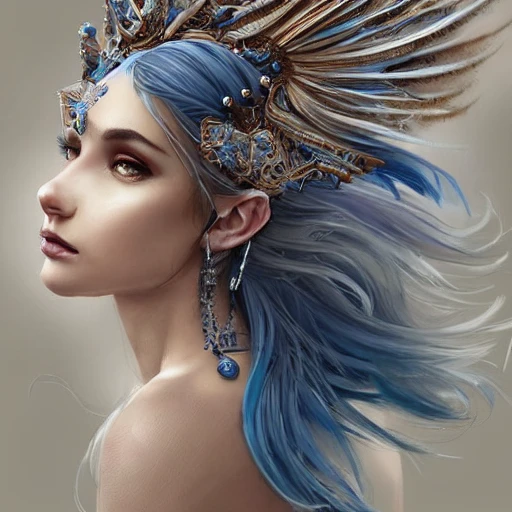 blue and silver and brown palette, full-head Beautiful fantasy princess , mid-shot, intricate detailed sharp freeform headdress, correct face, elegant, centered head, sharp face, detailed face, highly detailed, digital painting, colorful, beautiful colors, artstation, concept art, smooth, illustration, art by Krenz Cushart and ArtGerm