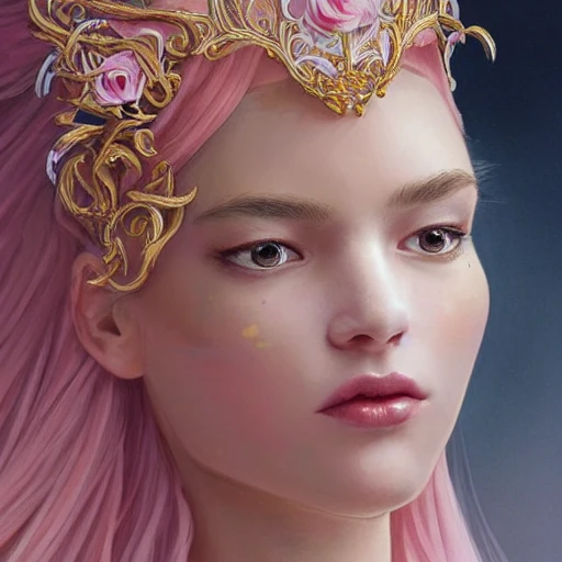 light pink and gold and white palette, full-head Beautiful fantasy princess , mid-shot, intricate detailed sharp freeform headdress, correct face, elegant, centered head, sharp face, detailed face, highly detailed, digital painting, colorful, beautiful colors, artstation, concept art, smooth, illustration, art by Krenz Cushart , ArtGerm