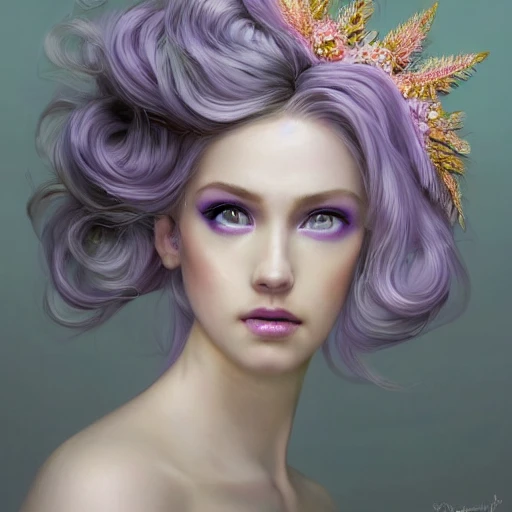 lilac and white and peach palette, full-head Beautiful fantasy princess , mid-shot, intricate detailed sharp freeform headdress, correct face, elegant, centered head, sharp face, detailed face, highly detailed, digital painting, colorful, beautiful colors, artstation, concept art, smooth, illustration, art by Krenz Cushart , ArtGerm