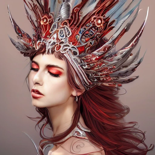 red and silver and brown palette, full-head Beautiful fantasy princess , mid-shot, intricate detailed sharp freeform headdress, correct face, elegant, centered head, sharp face, detailed face, highly detailed, digital painting, colorful, beautiful colors, artstation, concept art, smooth, illustration, art by Krenz Cushart , ArtGerm