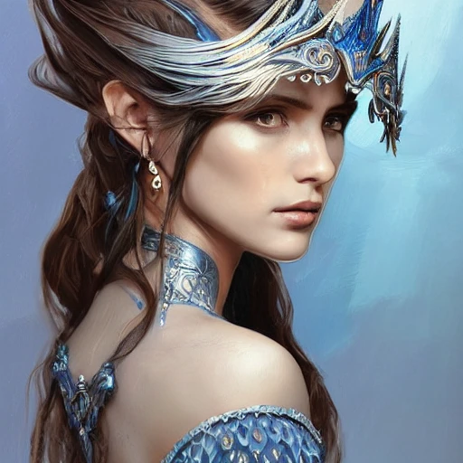 blue and silver and brown palette, full-head Beautiful fantasy princess , mid-shot, intricate detailed sharp freeform headdress, correct face, elegant, centered head, sharp face, detailed face, highly detailed, digital painting, colorful, beautiful colors, artstation, concept art, smooth, illustration, art by Krenz Cushart and ArtGerm