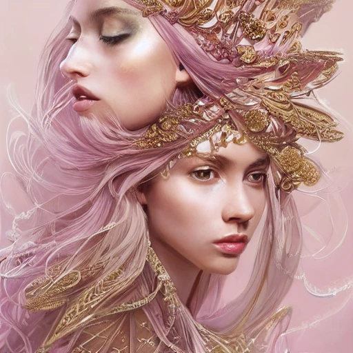 light pink and gold and white palette, full-head Beautiful fantasy princess , mid-shot, intricate detailed sharp freeform headdress, correct face, elegant, centered head, sharp face, detailed face, highly detailed, digital painting, colorful, beautiful colors, artstation, concept art, smooth, illustration, art by Krenz Cushart , ArtGerm