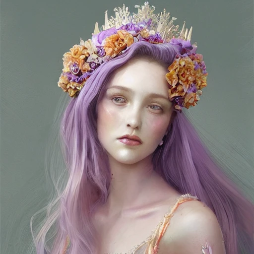 lilac and white and peach palette, full-head Beautiful fantasy princess , mid-shot, intricate detailed sharp freeform headdress, correct face, elegant, centered head, sharp face, detailed face, highly detailed, digital painting, colorful, beautiful colors, artstation, concept art, smooth, illustration, art by Krenz Cushart , ArtGerm