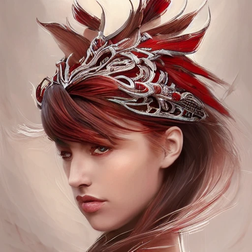 red and silver and brown , full-head Beautiful fantasy princess , mid-shot, intricate detailed sharp freeform headdress, correct face, elegant, centered head, sharp face, detailed face, highly detailed, digital painting, colorful, beautiful colors, artstation, concept art, smooth, illustration, art by Krenz Cushart , ArtGerm