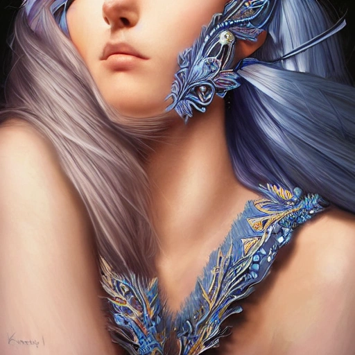 blue and silver and brown , full-head Beautiful fantasy princess , mid-shot, intricate detailed sharp freeform headdress, correct face, elegant, centered head, sharp face, detailed face, highly detailed, digital painting, colorful, beautiful colors, artstation, concept art, smooth, illustration, art by Krenz Cushart and ArtGerm