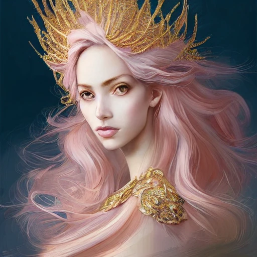 light pink and gold and white palette, full-head Beautiful fantasy princess , mid-shot, intricate detailed sharp freeform headdress, correct face, elegant, centered head, sharp face, detailed face, highly detailed, digital painting, colorful, beautiful colors, artstation, concept art, smooth, illustration, art by Krenz Cushart , ArtGerm