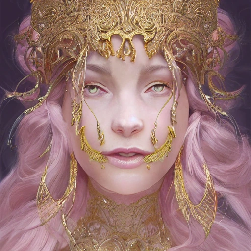 light pink and gold and white , full-head Beautiful fantasy princess , mid-shot, intricate detailed sharp freeform headdress, correct face, elegant, centered head, sharp face, detailed face, highly detailed, digital painting, colorful, beautiful colors, artstation, concept art, smooth, illustration, art by Krenz Cushart , ArtGerm