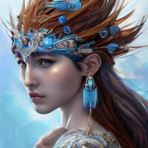 blue and silver and brown , full-head Beautiful fantasy princess , mid-shot, intricate detailed sharp freeform headdress, correct face, elegant, centered head, sharp face, detailed face, highly detailed, digital painting, colorful, beautiful colors, artstation, concept art, smooth, illustration, art by Krenz Cushart and ArtGerm