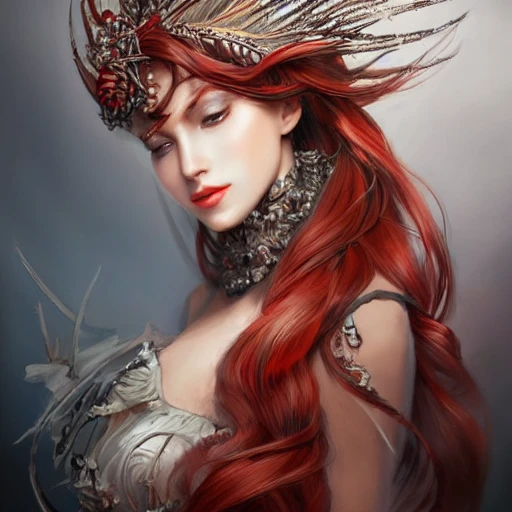 red and silver and brown , full-head Beautiful fantasy princess , mid-shot, intricate detailed sharp freeform headdress, correct face, elegant, centered head, sharp face, detailed face, highly detailed, digital painting, colorful, beautiful colors, artstation, concept art, smooth, illustration, art by Krenz Cushart , ArtGerm