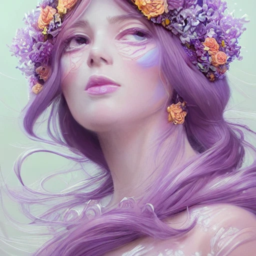 lilac and white and peach, full-head Beautiful fantasy princess , mid-shot, intricate detailed sharp freeform headdress, correct face, elegant, centered head, sharp face, detailed face, highly detailed, digital painting, colorful, beautiful colors, artstation, concept art, smooth, illustration, art by Krenz Cushart , ArtGerm