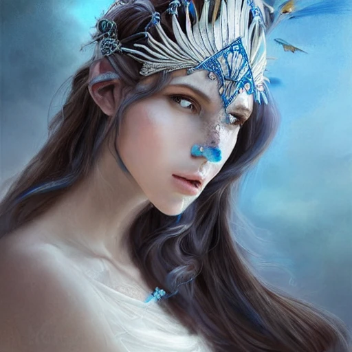 blue and silver and brown , full-head Beautiful fantasy princess , mid-shot, intricate detailed sharp freeform headdress, correct face, elegant, centered head, sharp face, detailed face, highly detailed, digital painting, colorful, beautiful colors, artstation, concept art, smooth, illustration, art by Krenz Cushart