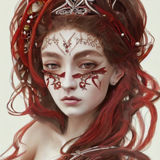 red and silver and brown , full-head Beautiful fantasy princess , mid-shot, intricate detailed sharp freeform headdress, correct face, elegant, centered head, sharp face, detailed face, highly detailed, digital painting, colorful, beautiful colors, artstation, concept art, smooth, illustration, art by Krenz Cushart